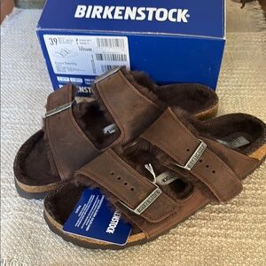 Birkenstock Arizona Brown Leather &Shearling Sandals size 39 Narrow Width NIB